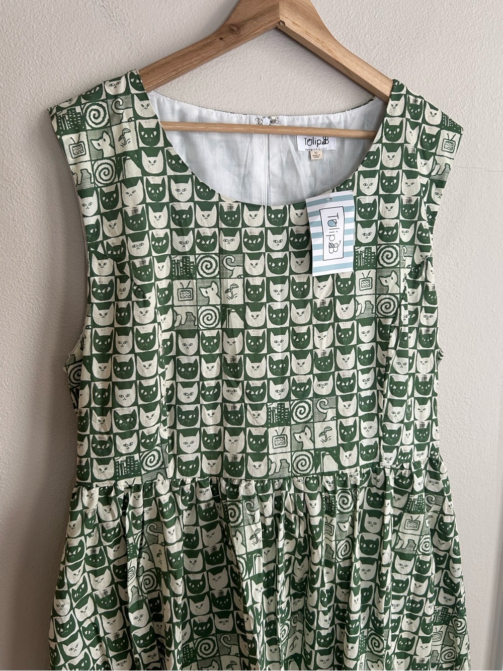NWT Tulip B Vintage A Line Whimsical Green Cat Novelty Print Midi Dress Size XL - Picture 3 of 10